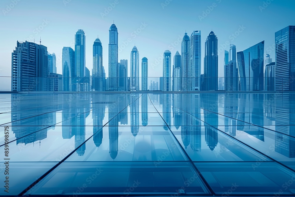 Modern city skyline with skyscrappers and reflection created with Generative AI Modern city skyline with skyscrappers and reflection created with Generative AI