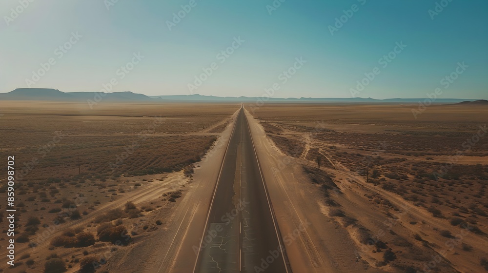 Fototapeta premium A straight, endless road cuts through a vast desert landscape under a clear, blue sky, creating a sense of isolation and adventure