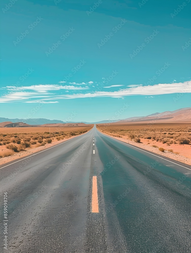 Fototapeta premium A straight, endless road cuts through a vast desert landscape under a clear, blue sky, creating a sense of isolation and adventure