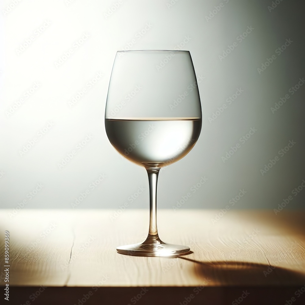 A single wine glass on a wooden surface with soft light and shadow play A single wine glass on a wooden surface with soft light and shadow play