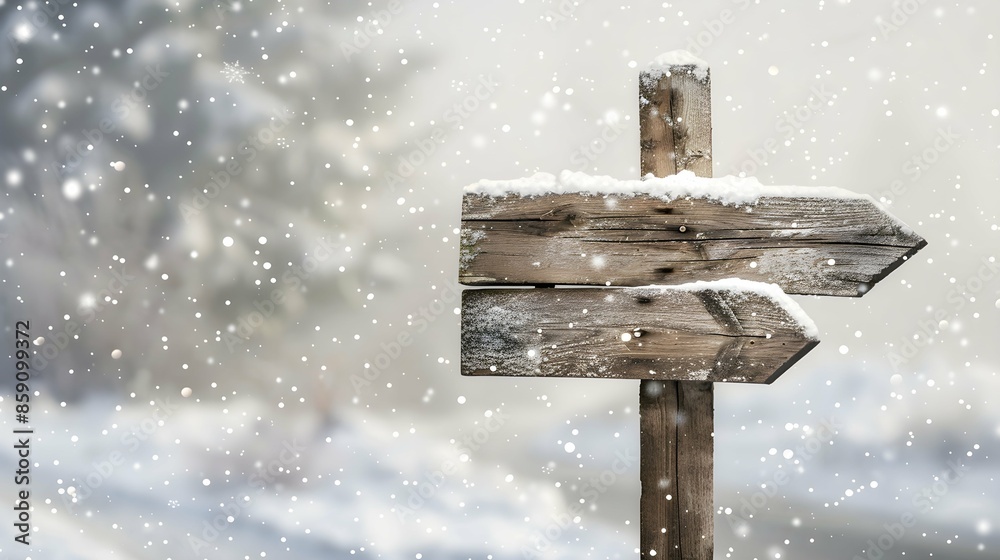 Naklejka premium A wooden signpost with snowy background
