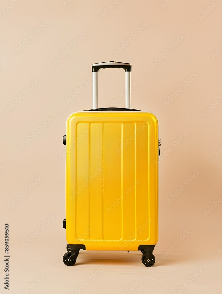 A yellow suitcase on wheels against a blank beige background. Travel concept A yellow suitcase on wheels against a blank beige background. Travel concept