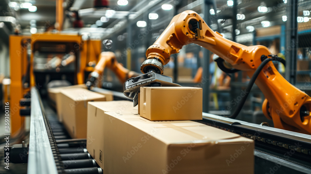 Robotic machinery packaging products in a factory, with boxes moving along conveyor belts Robotic machinery packaging products in a factory, with boxes moving along conveyor belts