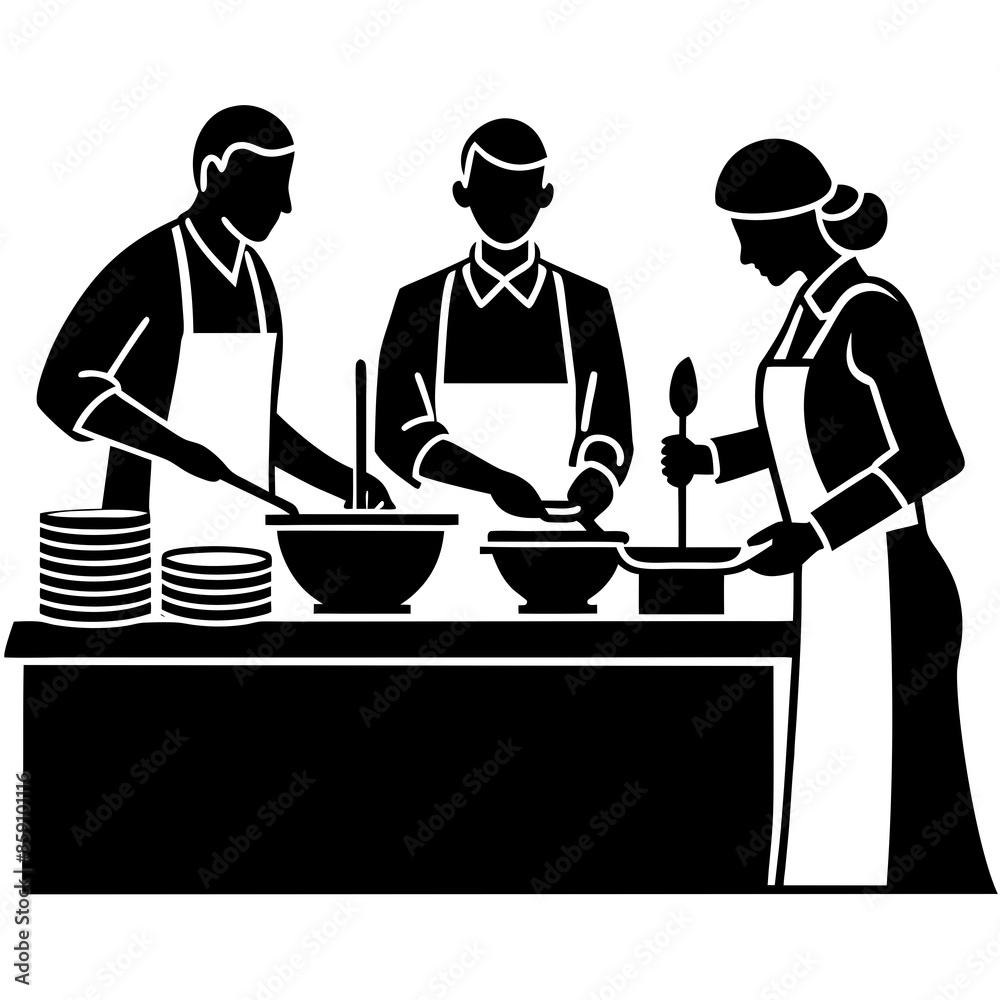 People preparing food silhouette vector illustration on white background.