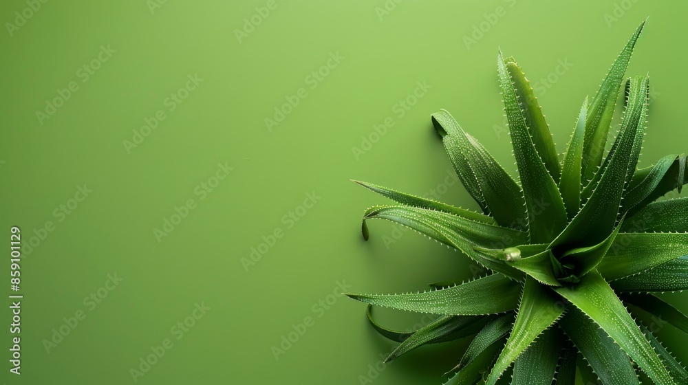  Aloe vera on green background with copy space