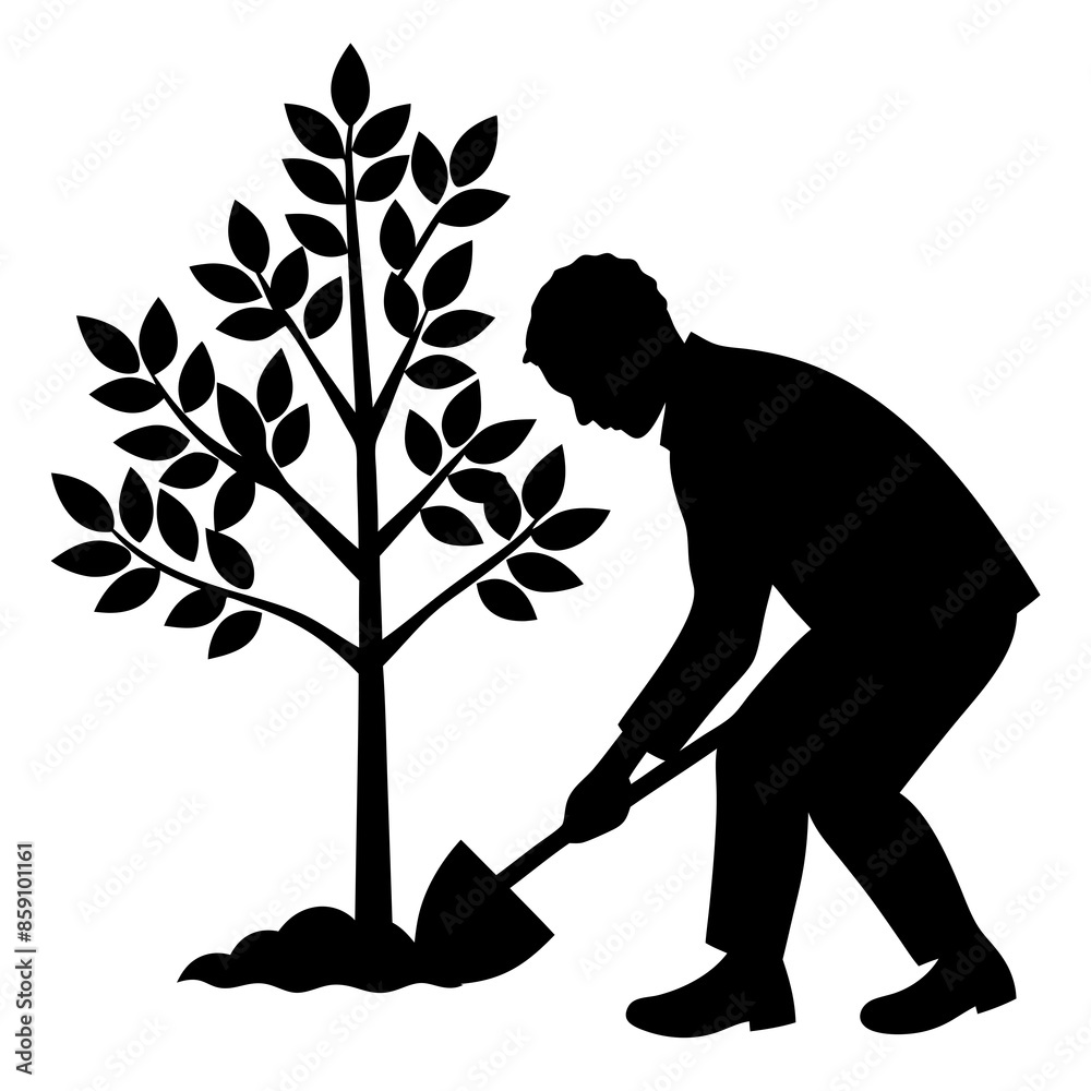 A man planting tree silhouette vector illustration on white background.
A man planting tree silhouette vector illustration on white background.