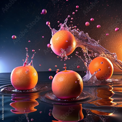 flying splashes from falling and plunging oranges, close-up