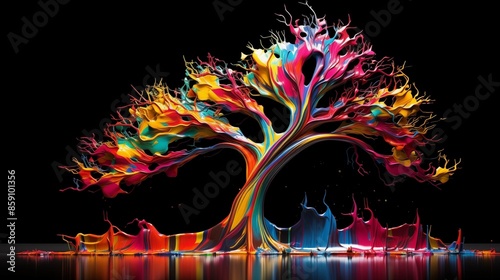 Abstract illustration of a tree in an explosion of colorful paint on a black background photo