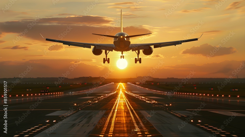 Airplane taking off into the sunrise, embarking on a journey of new horizons Airplane taking off into the sunrise, embarking on a journey of new horizons