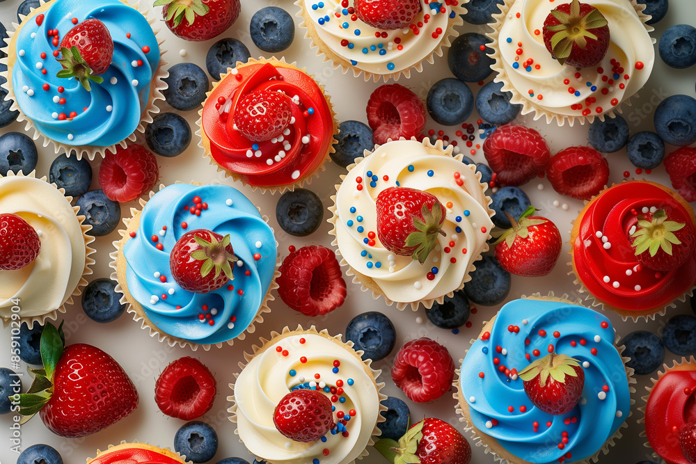 Festive Fourth of July Cupcakes with Red, White, and Blue Icing, Fresh Strawberries and Blueberries - Perfect for Holiday Celebrations Festive Fourth of July Cupcakes with Red, White, and Blue Icing, Fresh Strawberries and Blueberries - Perfect for Holiday Celebrations