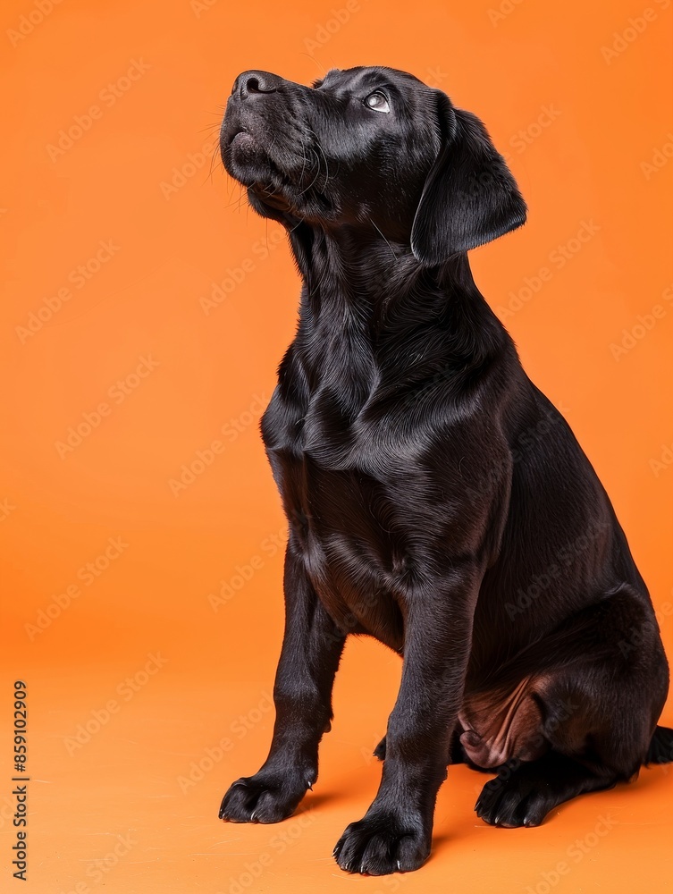 Obraz premium Black Labrador Retriever Puppy Sitting on Orange Background