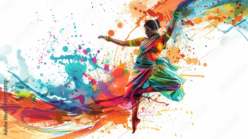 Fototapeta premium Abstract illustration of the Bharatanatyam dance in an explosion of colorful paint on a white background