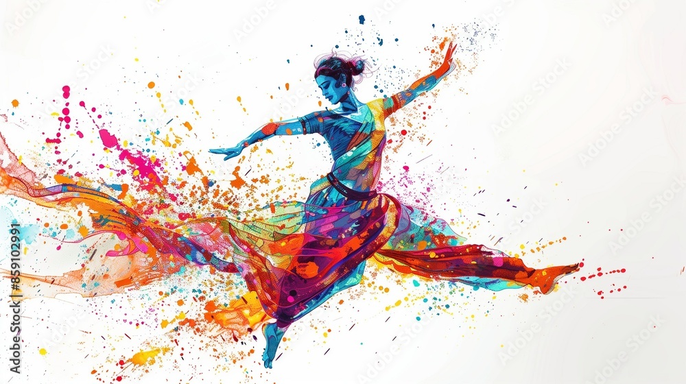 Abstract illustration of the Bharatanatyam dance in an explosion of colorful paint on a white background Abstract illustration of the Bharatanatyam dance in an explosion of colorful paint on a white background