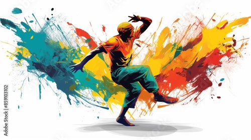 Abstract illustration of the Capoeira dance in an explosion of colorful paint on a white background
