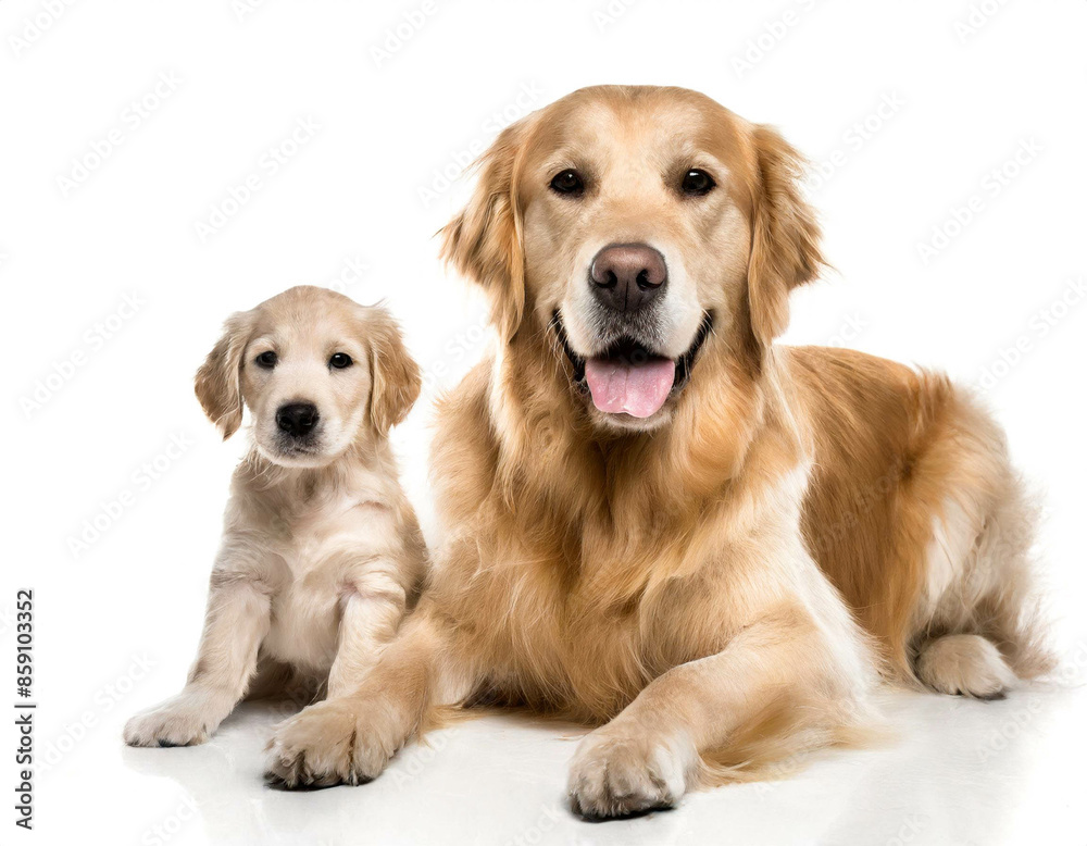 Goldenen Retriever mit welpe isoliert auf weißen Hintergrund, Freisteller Goldenen Retriever mit welpe isoliert auf weißen Hintergrund, Freisteller