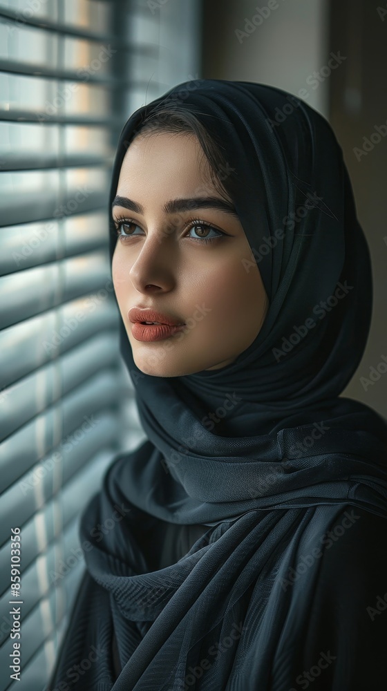 Woman Wearing a Dark Blue Hijab Looking Out a Window Woman Wearing a Dark Blue Hijab Looking Out a Window