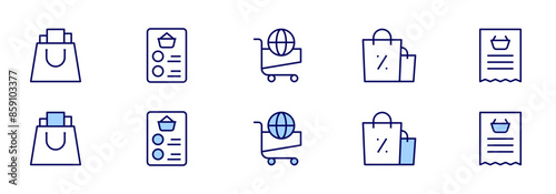 Shopping icons. Duotone style. Line style. Editable stroke. Vector illustration, shopping cart, shopping list, shopping bag.