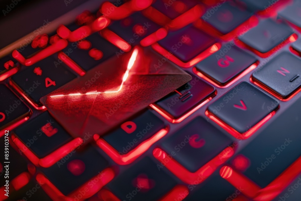 A close-up image of a phishing email in an inbox, illuminated by the red light of a laptop keyboard. A close-up image of a phishing email in an inbox, illuminated by the red light of a laptop keyboard.