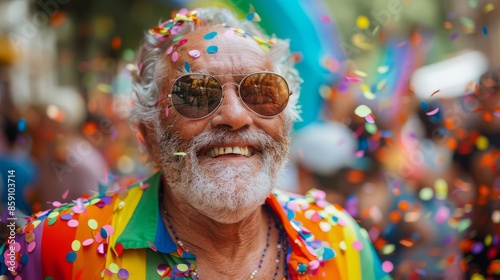 A happy old man wearing a rainbow shirt and sunglasses celebrated in a parade as confetti flew around him