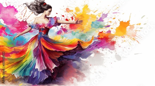 Abstract illustration of the flamenco dance in an explosion of colorful paint on a white background