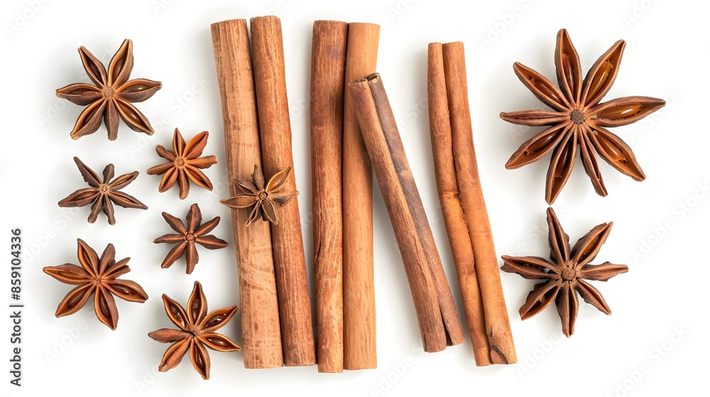 Aromatic cinnamon sticks and anise stars isolated on white Aromatic cinnamon sticks and anise stars isolated on white