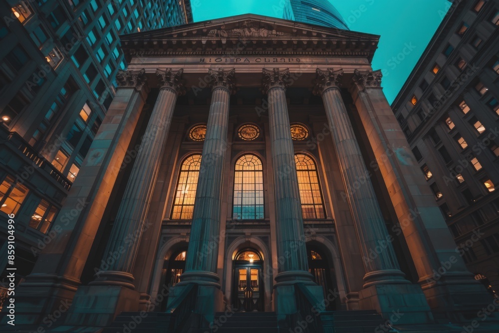 A low-angle view of a grand building with columns and large windows, illuminated by warm light in the evening. A low-angle view of a grand building with columns and large windows, illuminated by warm light in the evening.