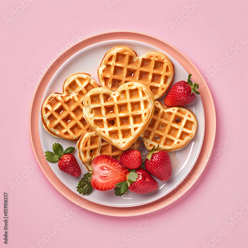 breakfast with heart shaped waffles and strawberries in plate on pink background.