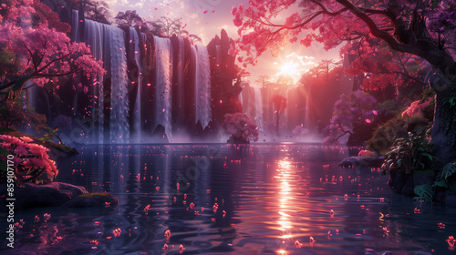 A red sunset of pink paradise among waterfalls