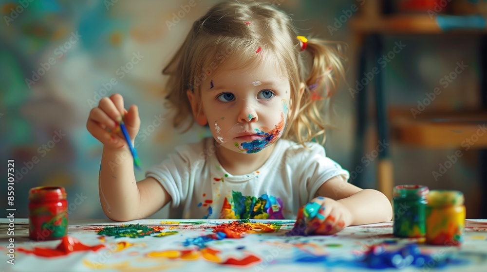 child draws with paints. Children development concept.