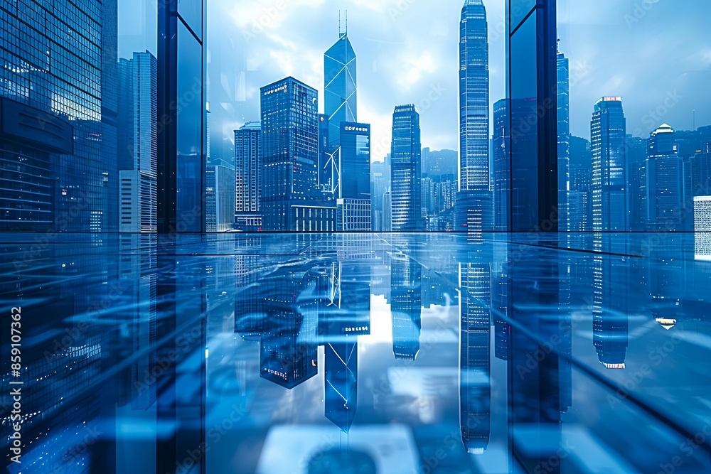 Modern city skyline with skyscrappers and reflection created with Generative AI Modern city skyline with skyscrappers and reflection created with Generative AI