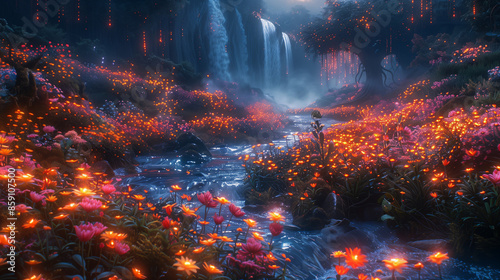 Bioluminescent flower fields washed by a mountain river