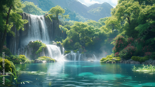 A summer paradise of wildlife, a water trough with waterfalls surrounded by green plants