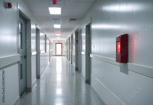 A long, empty hospital corridor with white walls, glass windows, and a red emergency light on the wall