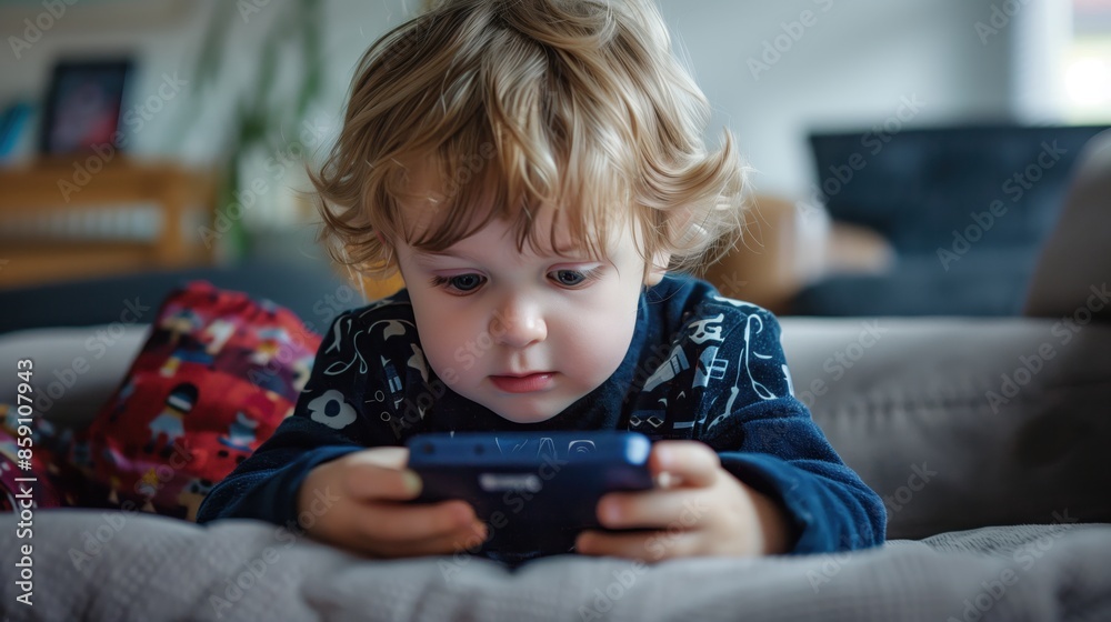 Little funny boy playing smartphone game