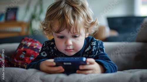 Obraz na płótnie Little funny boy playing smartphone game w salonie