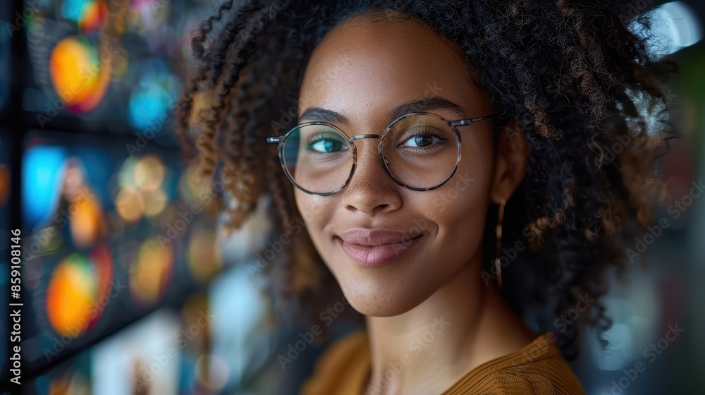 A stylish woman with glasses and curly hair smiles at the camera, behind her a colorful and modern tech environment, suggesting innovation and intelligence. A stylish woman with glasses and curly hair smiles at the camera, behind her a colorful and modern tech environment, suggesting innovation and intelligence.
