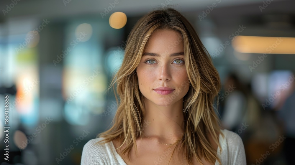 A stylish woman with soft wavy hair stands in a brightly lit modern cafe, looking calmly at the camera, surrounded by a chic and contemporary ambiance. A stylish woman with soft wavy hair stands in a brightly lit modern cafe, looking calmly at the camera, surrounded by a chic and contemporary ambiance.