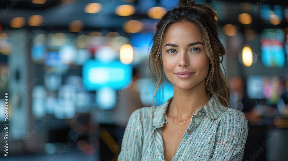 An elegantly dressed woman with a natural hairstyle stands in a modern, tech-savvy environment, emanating professionalism and confidence, perfect for technology-themed contexts. An elegantly dressed woman with a natural hairstyle stands in a modern, tech-savvy environment, emanating professionalism and confidence, perfect for technology-themed contexts.