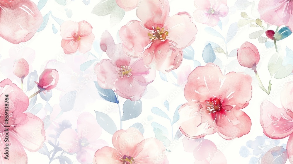 A delicate watercolor pattern of soft pink flowers and green leaves on a white background. A delicate watercolor pattern of soft pink flowers and green leaves on a white background.