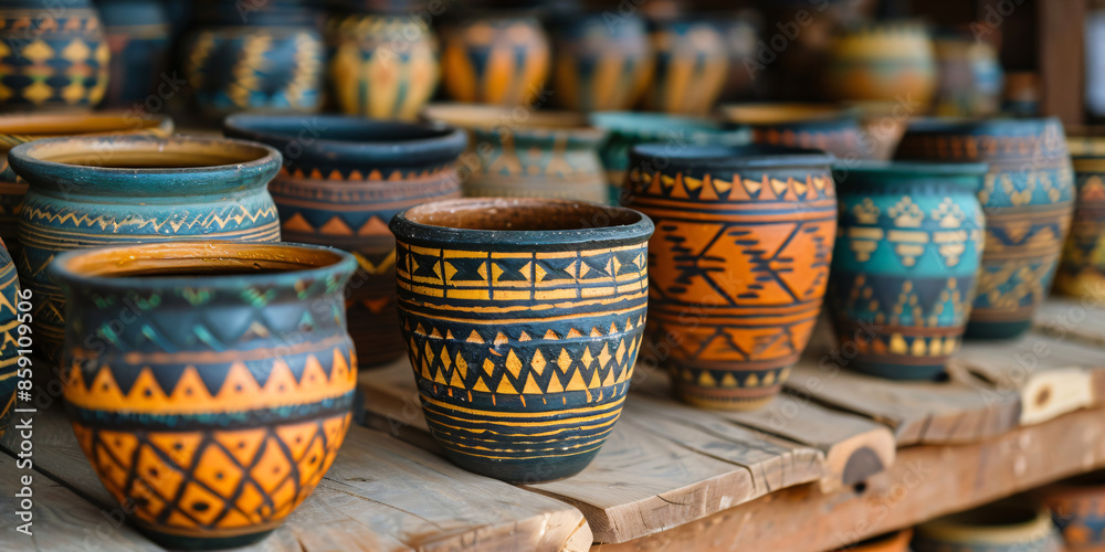Traditional African pottery and crafts displayed in a local market, focusing on the patterns, colors, and craftsmanship Traditional African pottery and crafts displayed in a local market, focusing on the patterns, colors, and craftsmanship