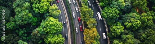 Aerial view of a highway winding through lush green forest.