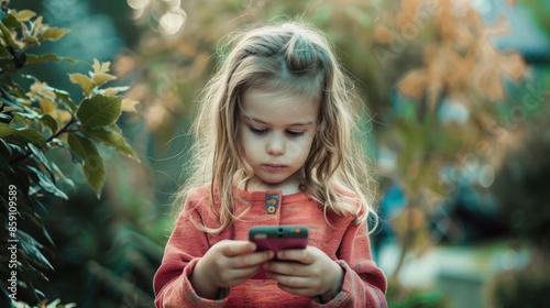 Obraz na płótnie little girl walking and playing with a smartphone w salonie