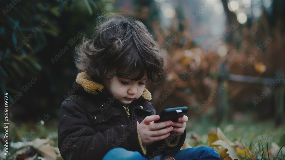 little boy walking and playing with a smartphone