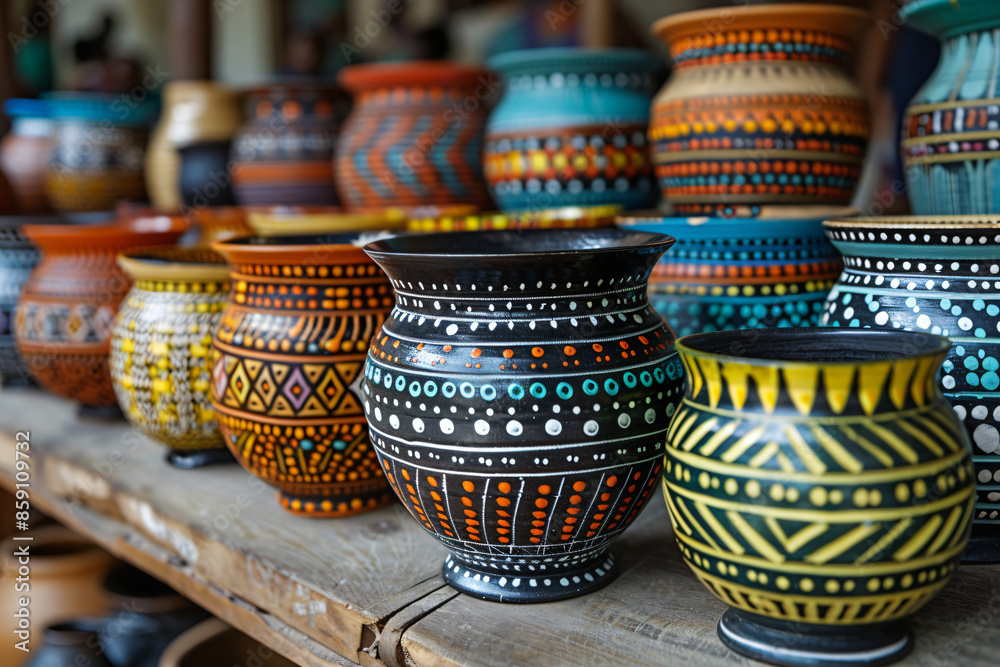 Traditional African pottery and crafts displayed in a local market, focusing on the patterns, colors, and craftsmanship Traditional African pottery and crafts displayed in a local market, focusing on the patterns, colors, and craftsmanship