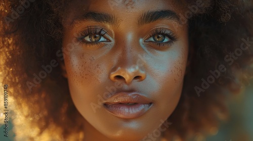 An elegant woman with a natural glow and deep, contemplative stare is captured in a close-up shot, emphasizing her serene expression and smooth complexion in refined lighting.