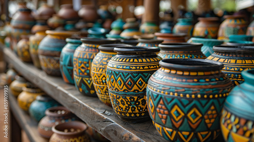 Traditional African pottery and crafts displayed in a local market, focusing on the patterns, colors, and craftsmanship photo