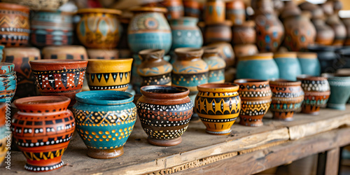 Traditional African pottery and crafts displayed in a local market, focusing on the patterns, colors, and craftsmanship