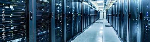 Rows of server racks in a data center.