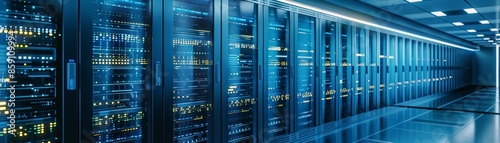 Rows of server racks in a data center with bright blue lights. photo