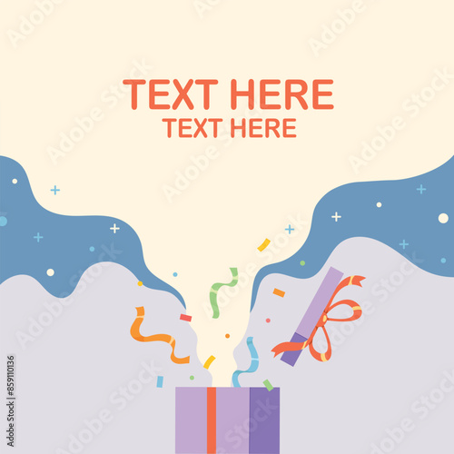 Gift box with unpacking banner. Happy time and surprise greeting card, Birthday card with gift box. Celebrate template.